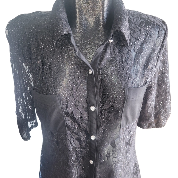 Champagne Black Lace Cropped Sleeve Top Size M - Picture 2 of 7